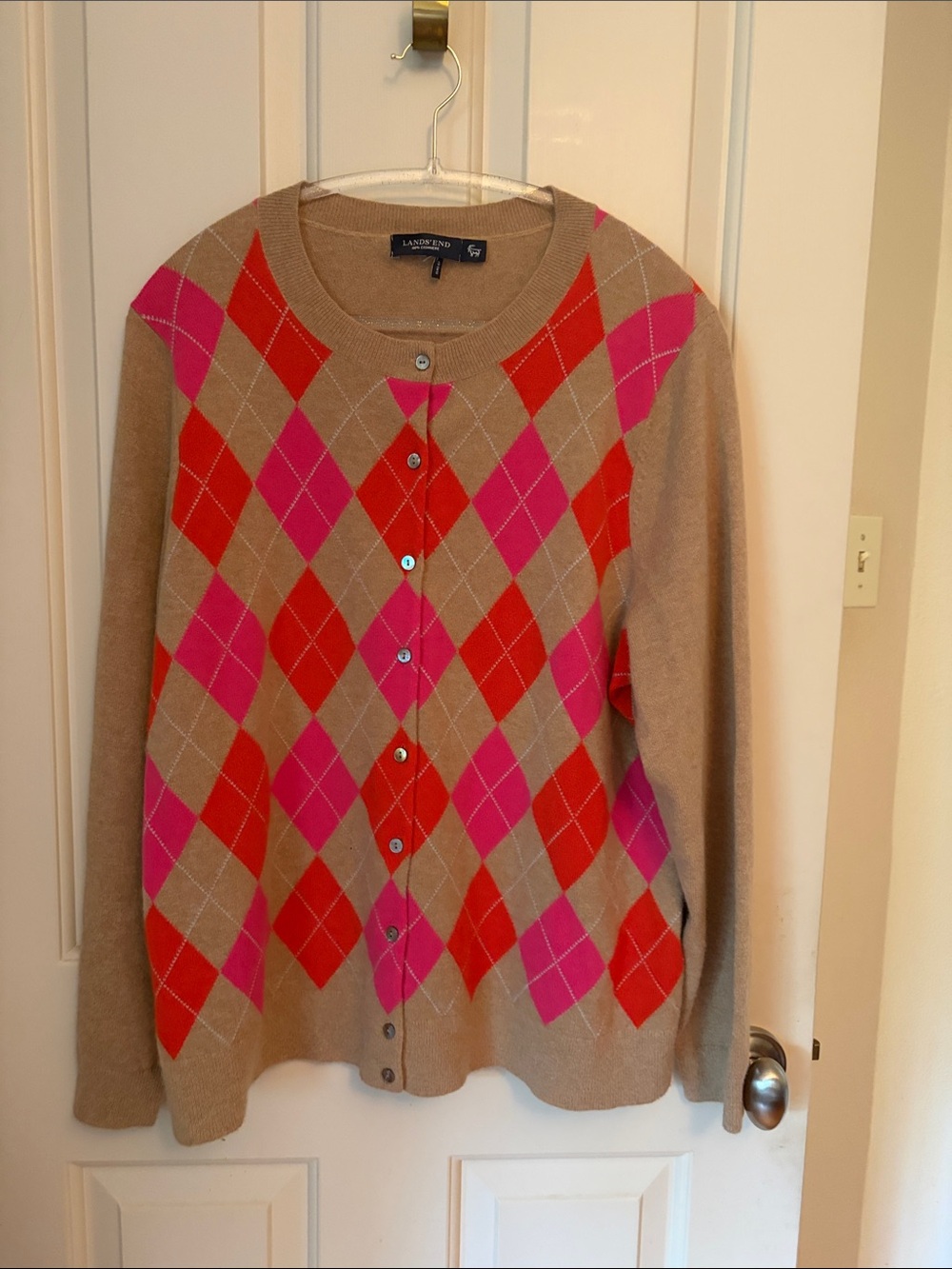 Lands' End Tan Argyle Cardigan with Pink & Red Diamonds